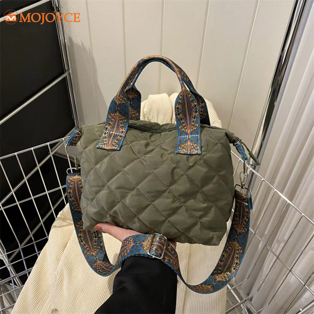 Women's Wide Shoulder Belt Handbag Autumn Winter Rhombus Space Cotton Shoulder Bag Quilted Padded Crossbody Bag Ladies Tote Bags