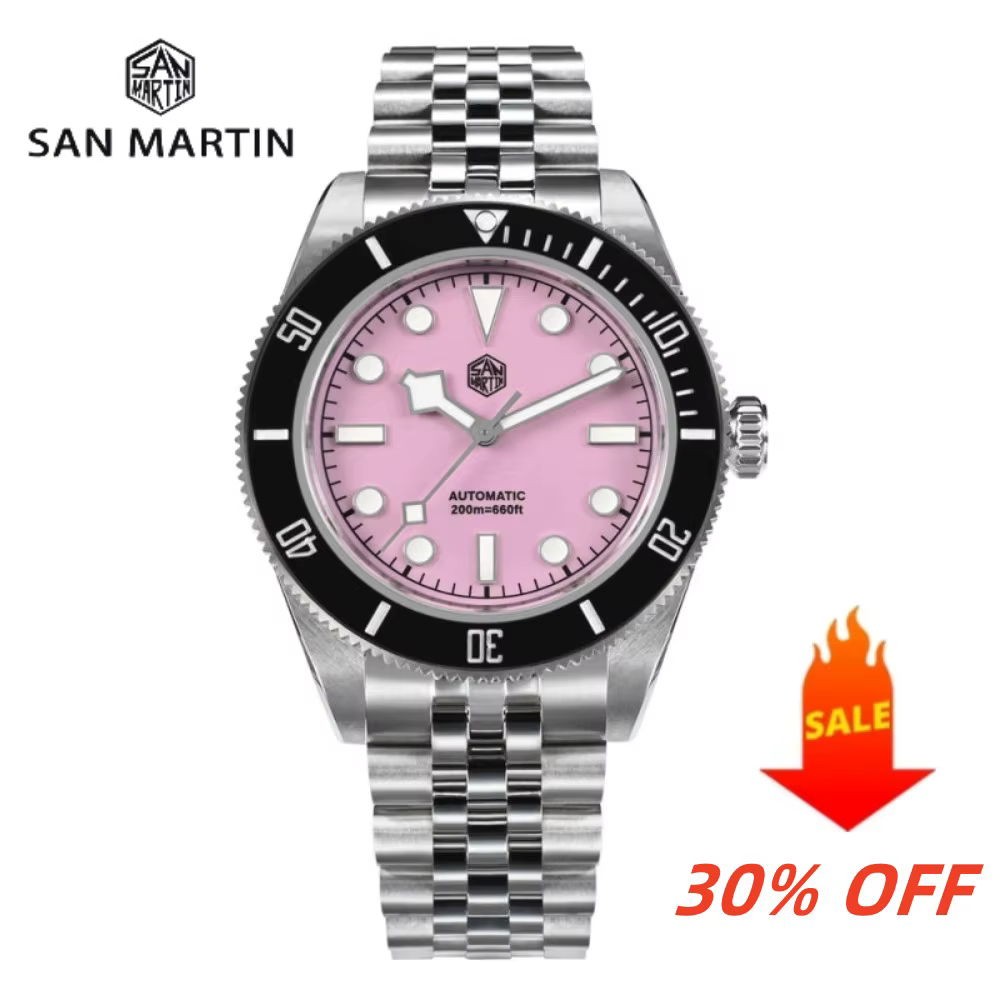 San Martin 40mm Pink BB Diver Watch NH35 Top Brand Classic Luxury Men's Automatic Mechanical Sapphire Waterproof 200m SN0128