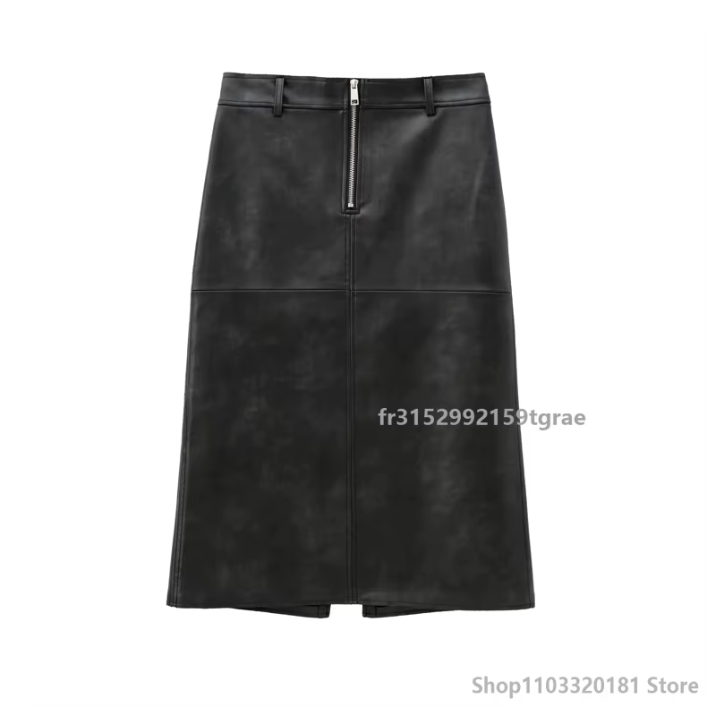 Elegant Women's  2024 New Summer Vintage Zipper Leather Skirt Female Casual Regular Fit Solid Color Imitation Leather Skirt