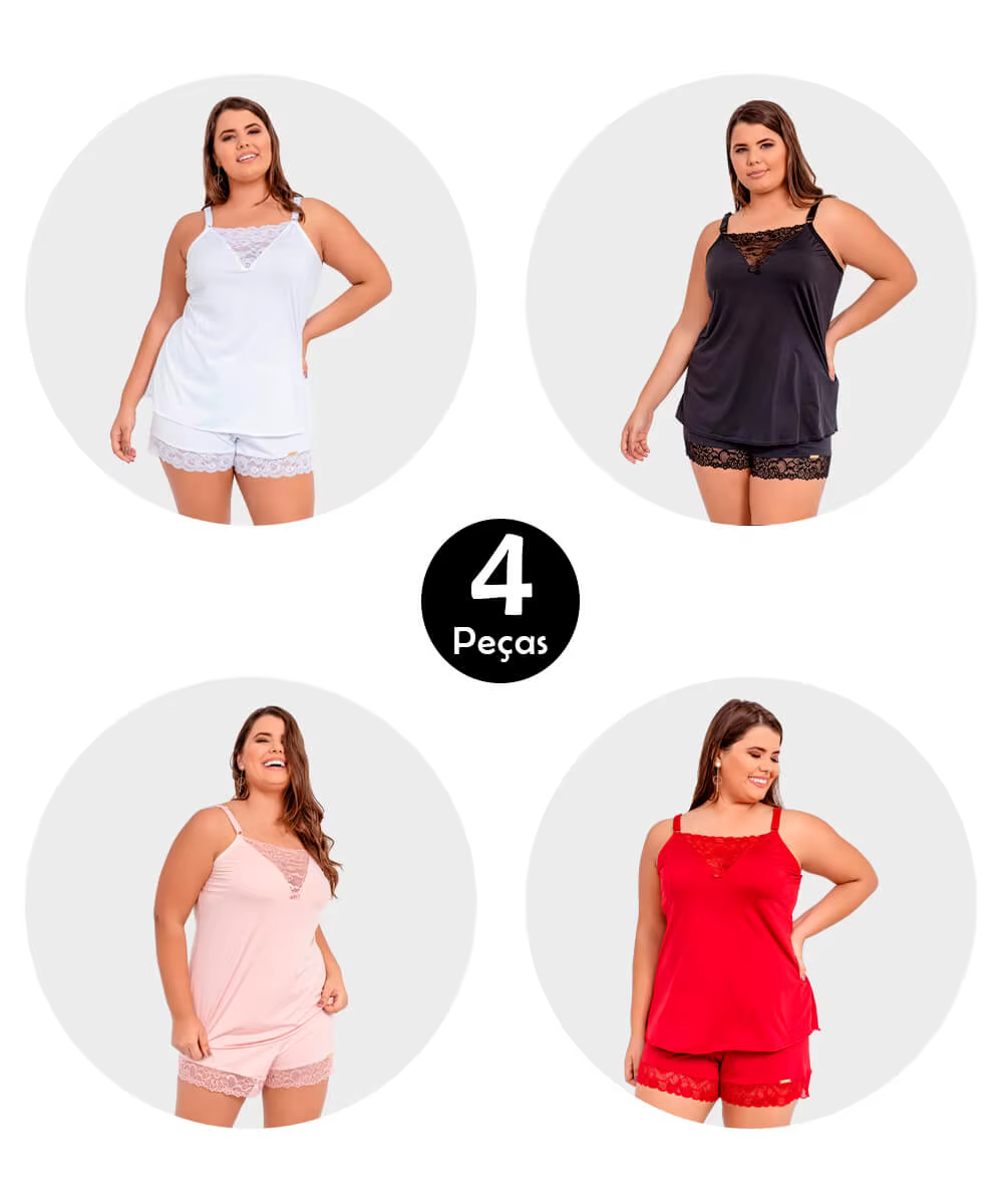 Kit 4 Pajamas Baby Doll IMI Lingerie In Microfiber And Lace Plus Size Cecilia