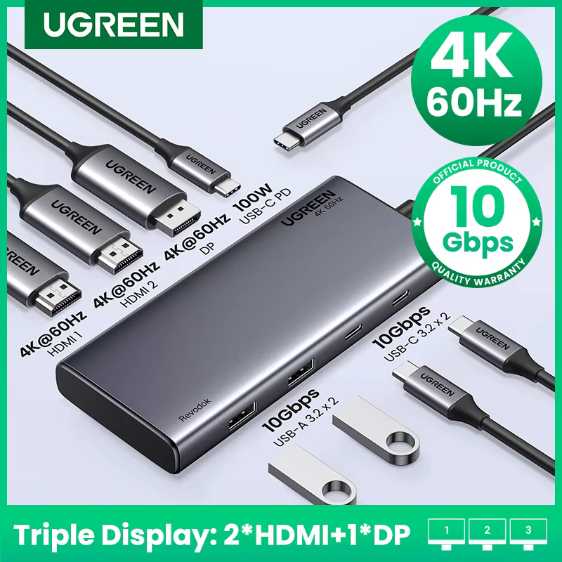 UGREEN Triple Display USB C HUB 10Gbps 4K HDMI Adapter 8-in-1 Splitter with HDMI DP USB3.2 PD 100W Dock for MacBook Pro Air PC