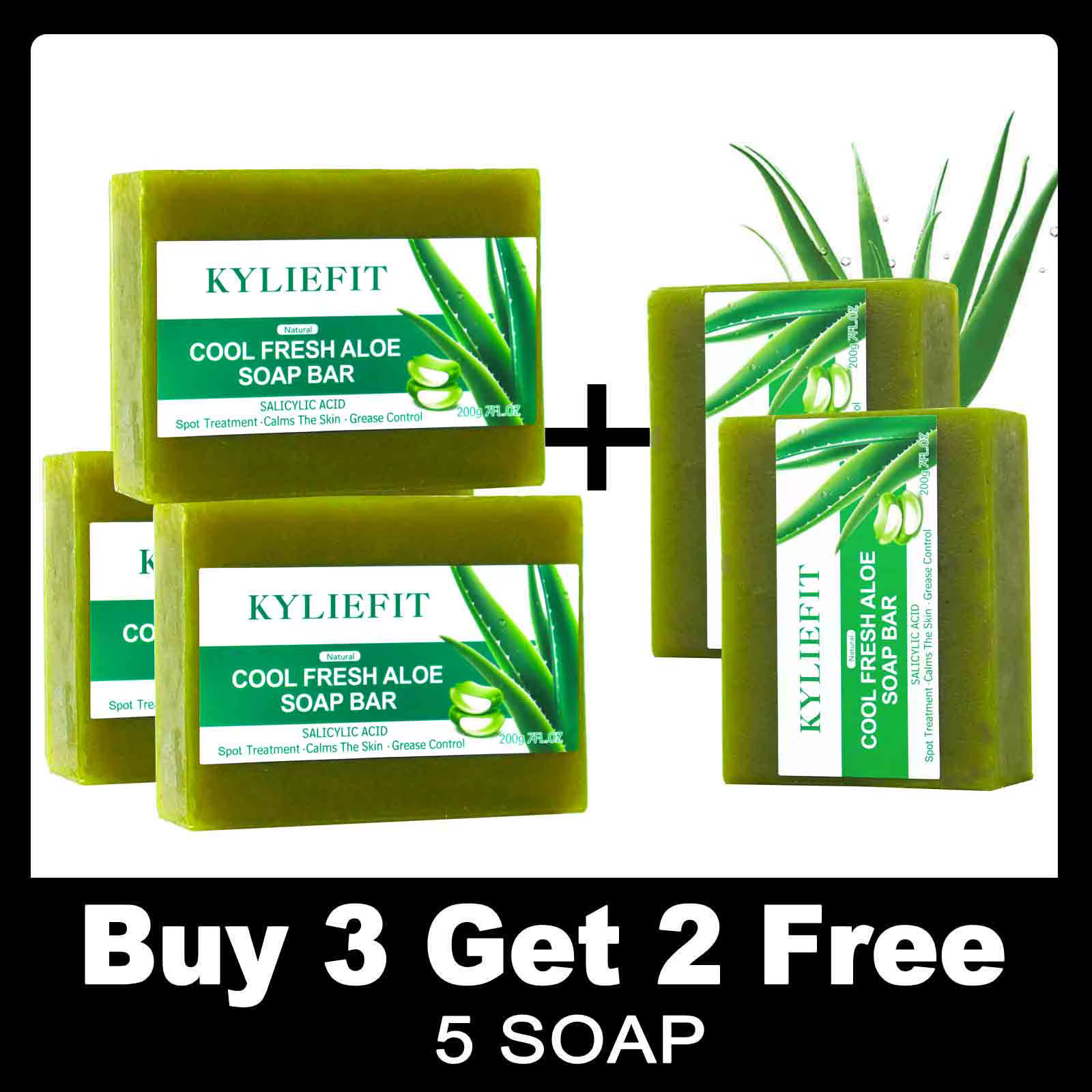 KYLIEFIT Natural Aloe Vera Soap Bar- Face, Hand, and Body Wash - Cleansing & Moisturizing, Anti Spots, Smooth Skin, 200g /7 oz