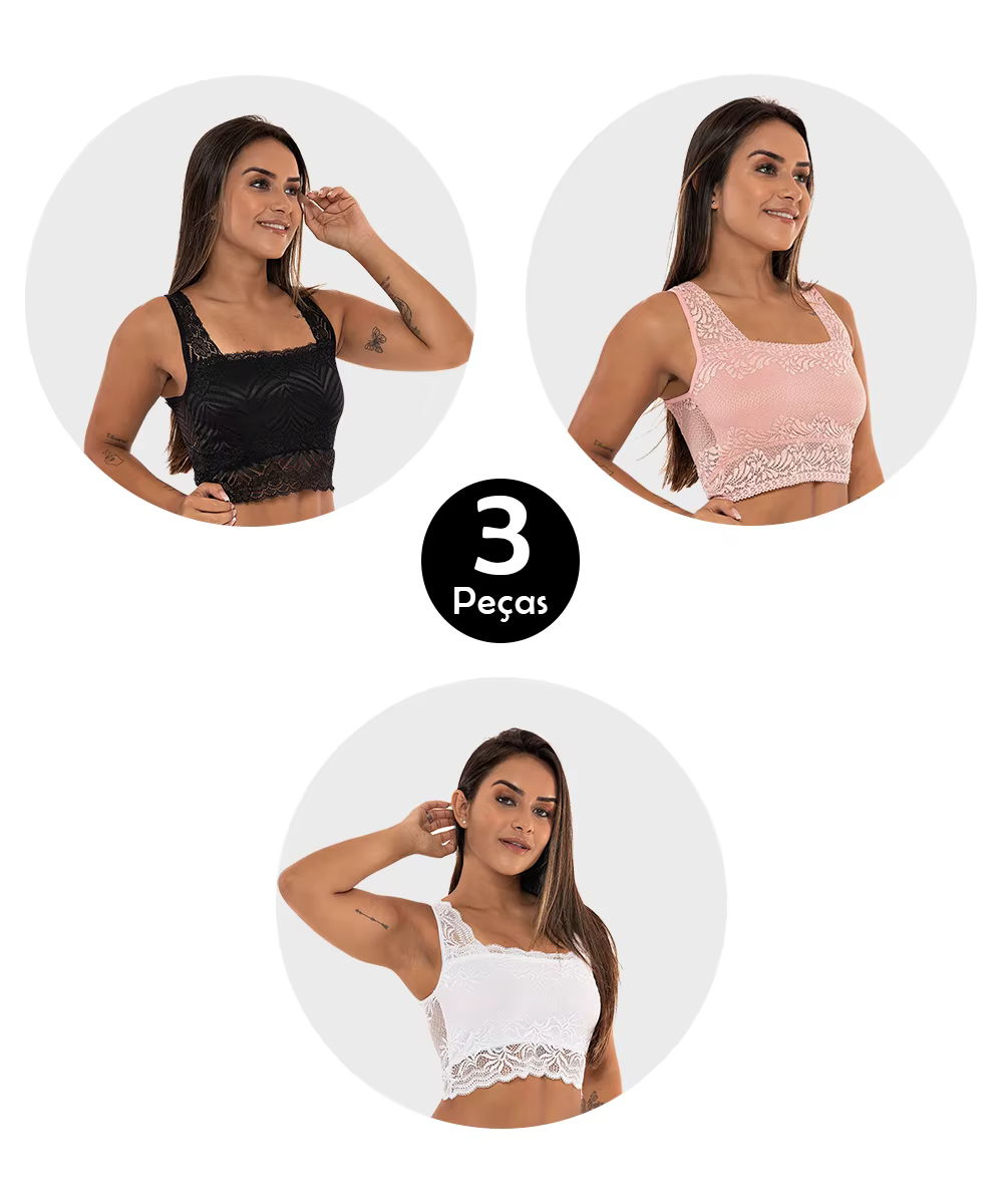 Kit 3 Bra IMI Lingerie Cropped Regatta Top Lace Virginia