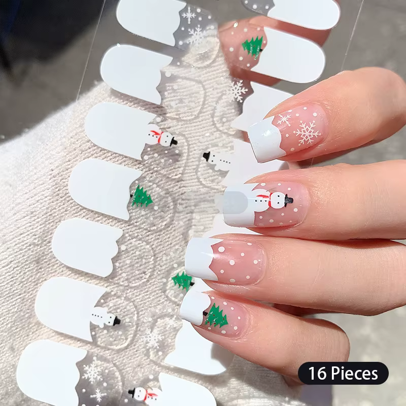 16Tips Christmas Winter Series Nail Sticker Snowflake Full Cover Nail Wrap Sticker Long-lasting French Nail Decal For Girl Gifts