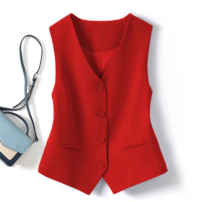 New Elegant OL Waistcoat V Neck Single Breasted Formal Business Waistcoat Vest Woman's Fashion Vest Red Vintage Waistcoat