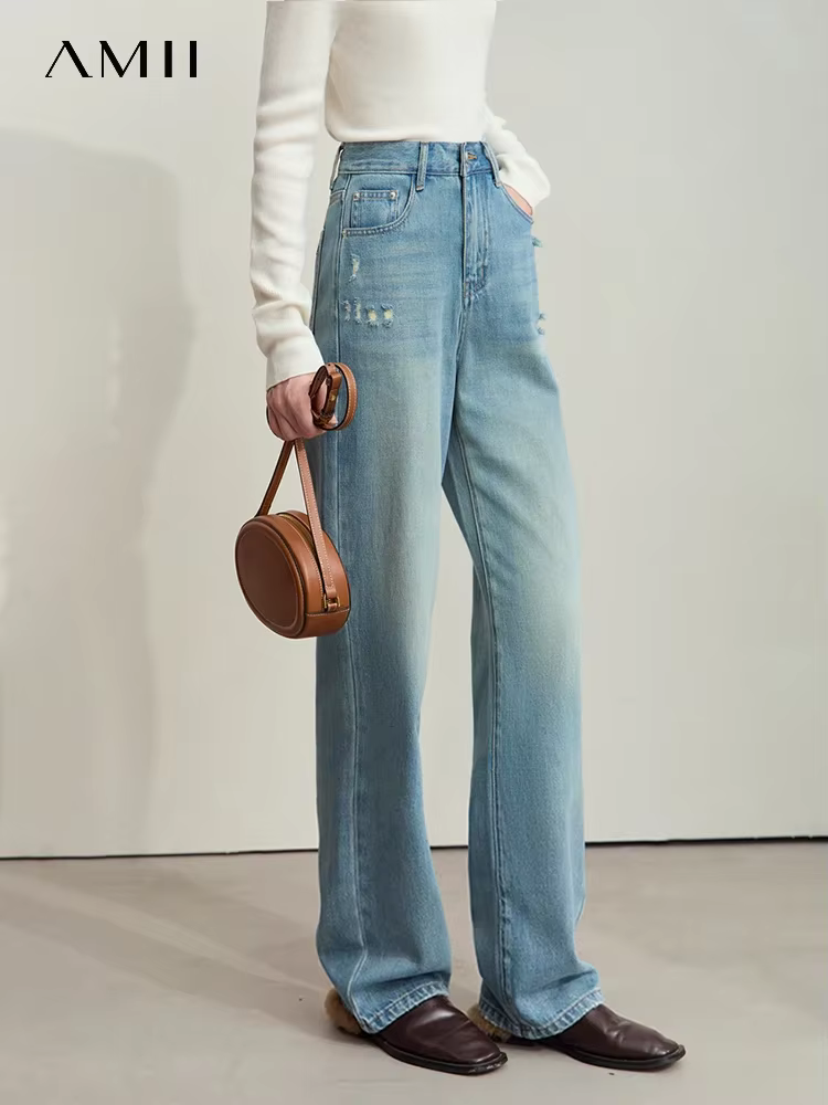 Amii Minimalism Cotton Jeans for Women 2024 Autumn New Handsome Denim Style Retro Wide-leg Floor-length Trousers Female 12443190