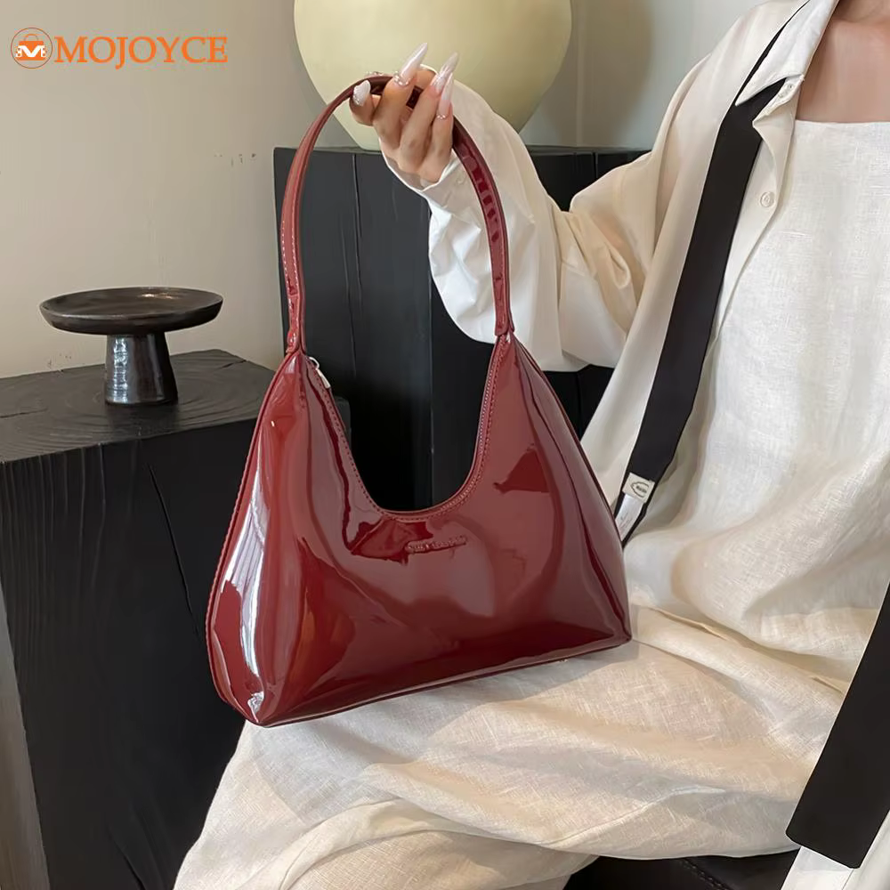 Fashionable Shoulder Bags for Women's Designer Solid Color Patent Leather Crescent Bag 2025 New Small Handbag Ladies Tote Purses