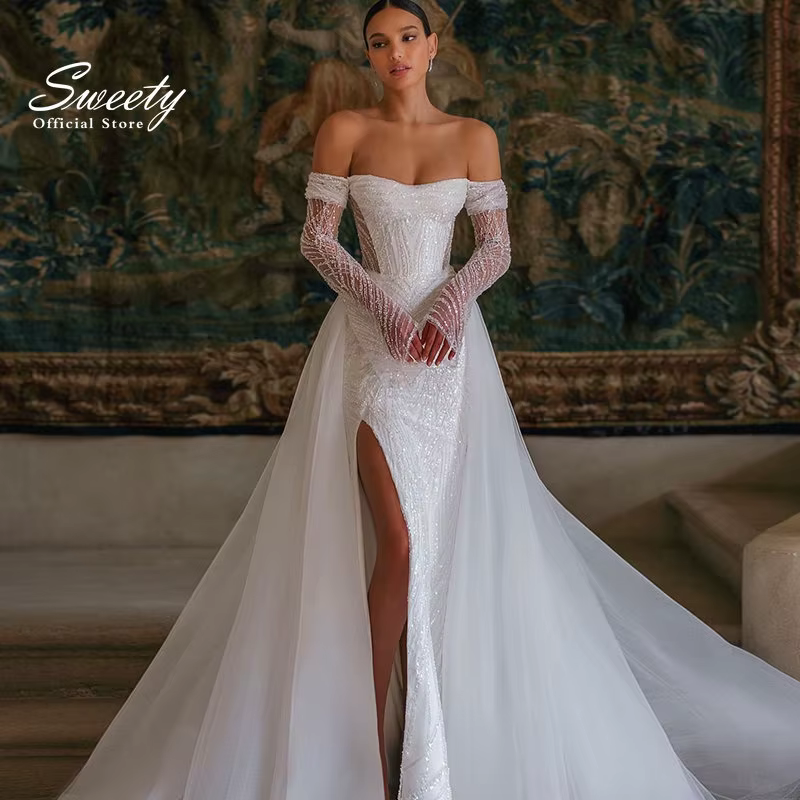 Luxury Detachable Train Wedding Dressfully Beaded Mermaid Ball Gown With Boat Neck Full Sleeve Bride Vestido De Novia Customized