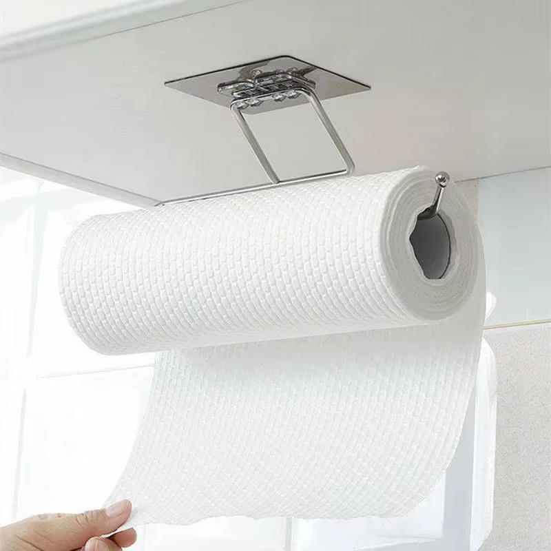 Roll paper holder for kitchen bathroom shelf bar appliances, under cabinet, self-adhesive hamper rack organizers