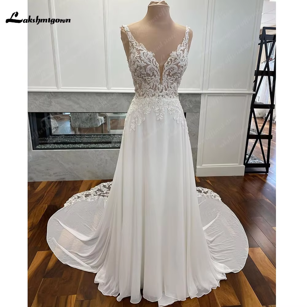 Luxury Civil Chiffon Wedding Gowns Customized Open Back Bridal Boho Long Wedding Dresses Lace Appliques V neck Vestido Boda