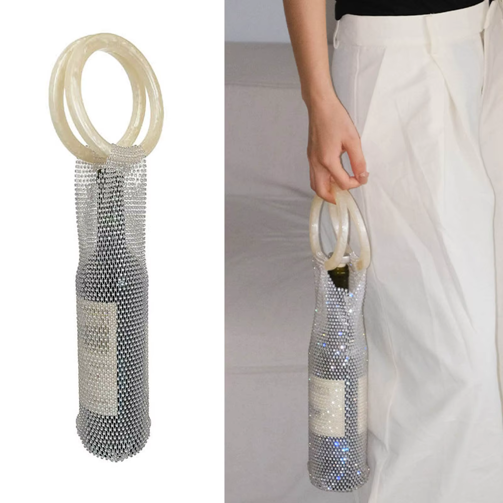 2024 Handcrafted Resin Handle Wine Pouch Mesh And Embedded Rhinestones Bottle Versatile Elegant Handle Bag For Beach Party