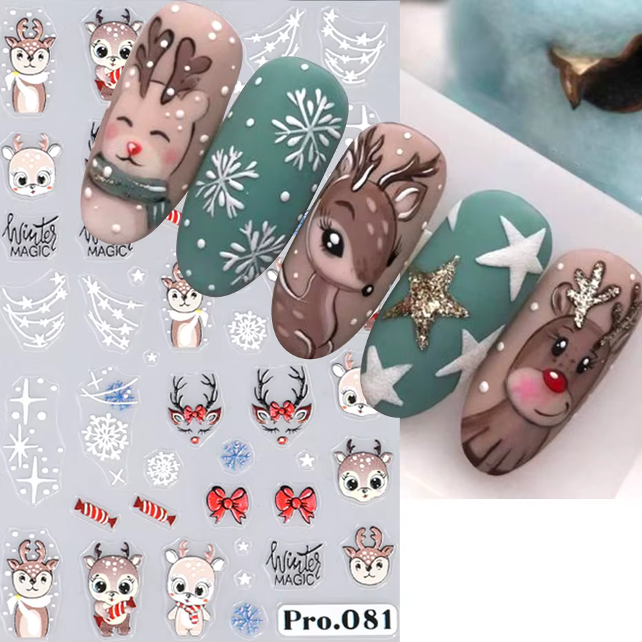 5D Embossed Elk Nail Art Sticker Cute Christmas Winter Santa Claus Snowflake Gingerbread Man Engraved Slider Manicure Decoration