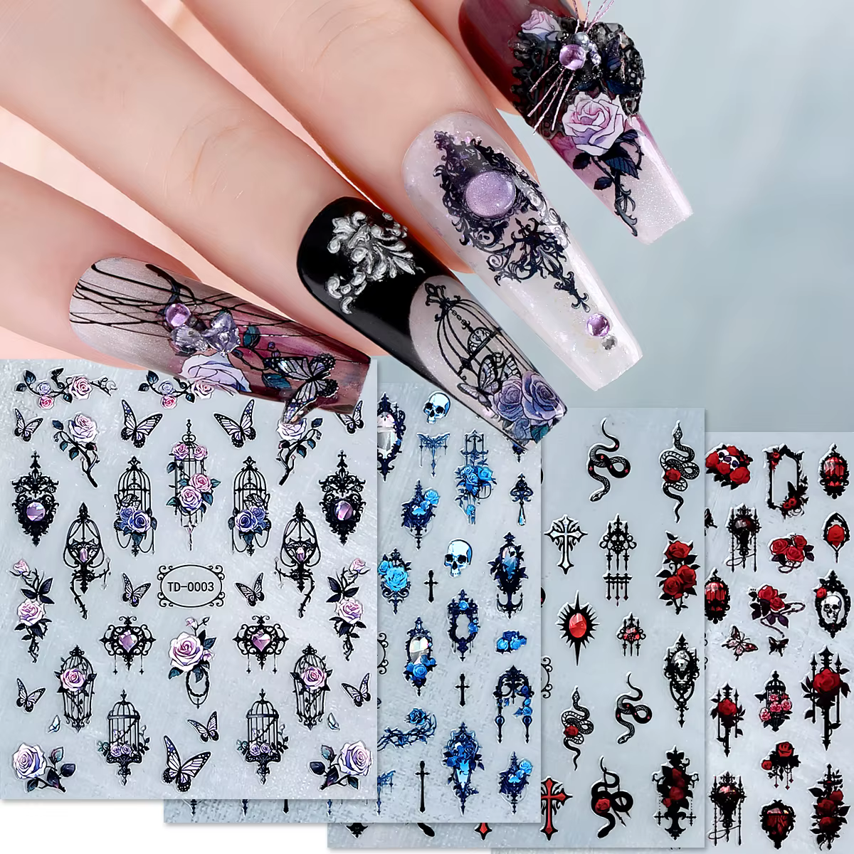 4pcs 3D Vintage Halloween Nail Art Stickers Red Pink Blue Punk Skull Rose Snake Cross Design Nail Decals for Manicure Decoration