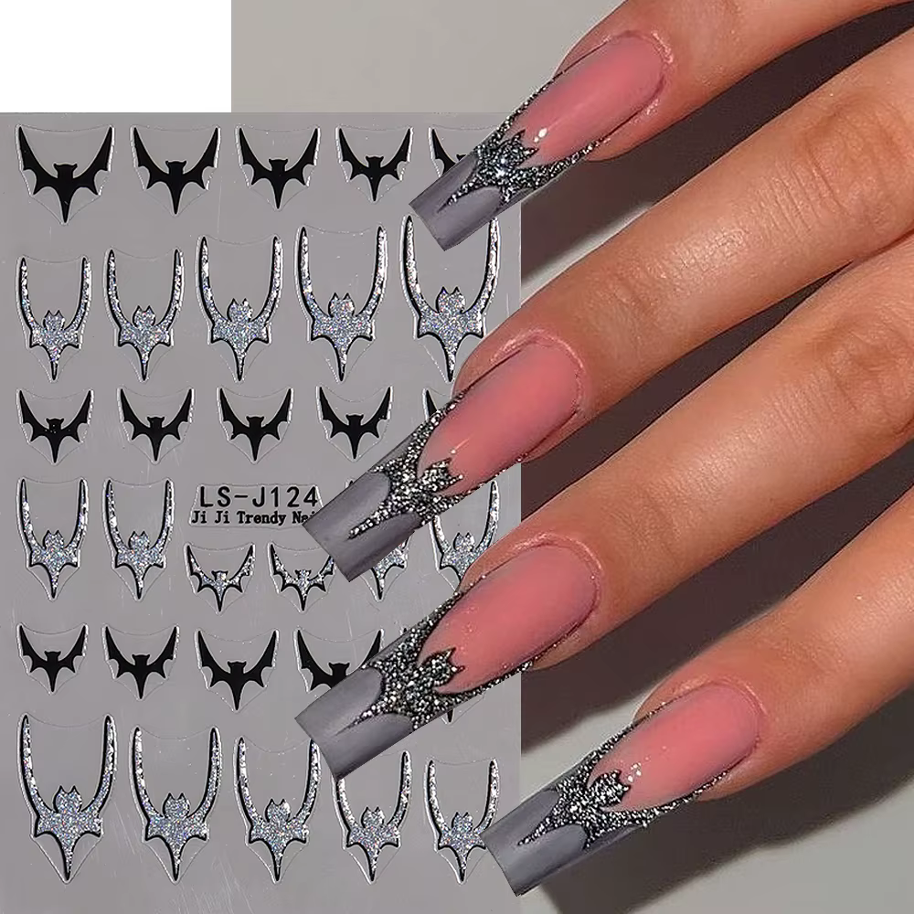 3D Hologram Bat Nail Stickers Glitter Silver Halloween Spider Skull Pumpkin Decals Luminous Ghost Art Manicure Tattoos GLLS-J124