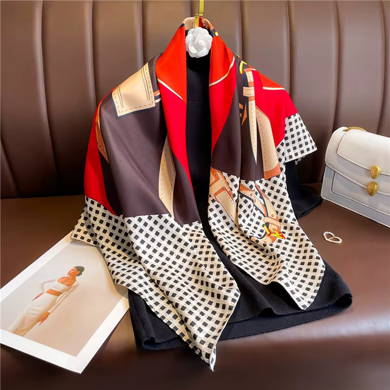 90*90cm Square Luxury Brand Women Scarf Silk Striped Print Designer Hijabs Female Neckerchief Scarves Wrap Headband Bandana
