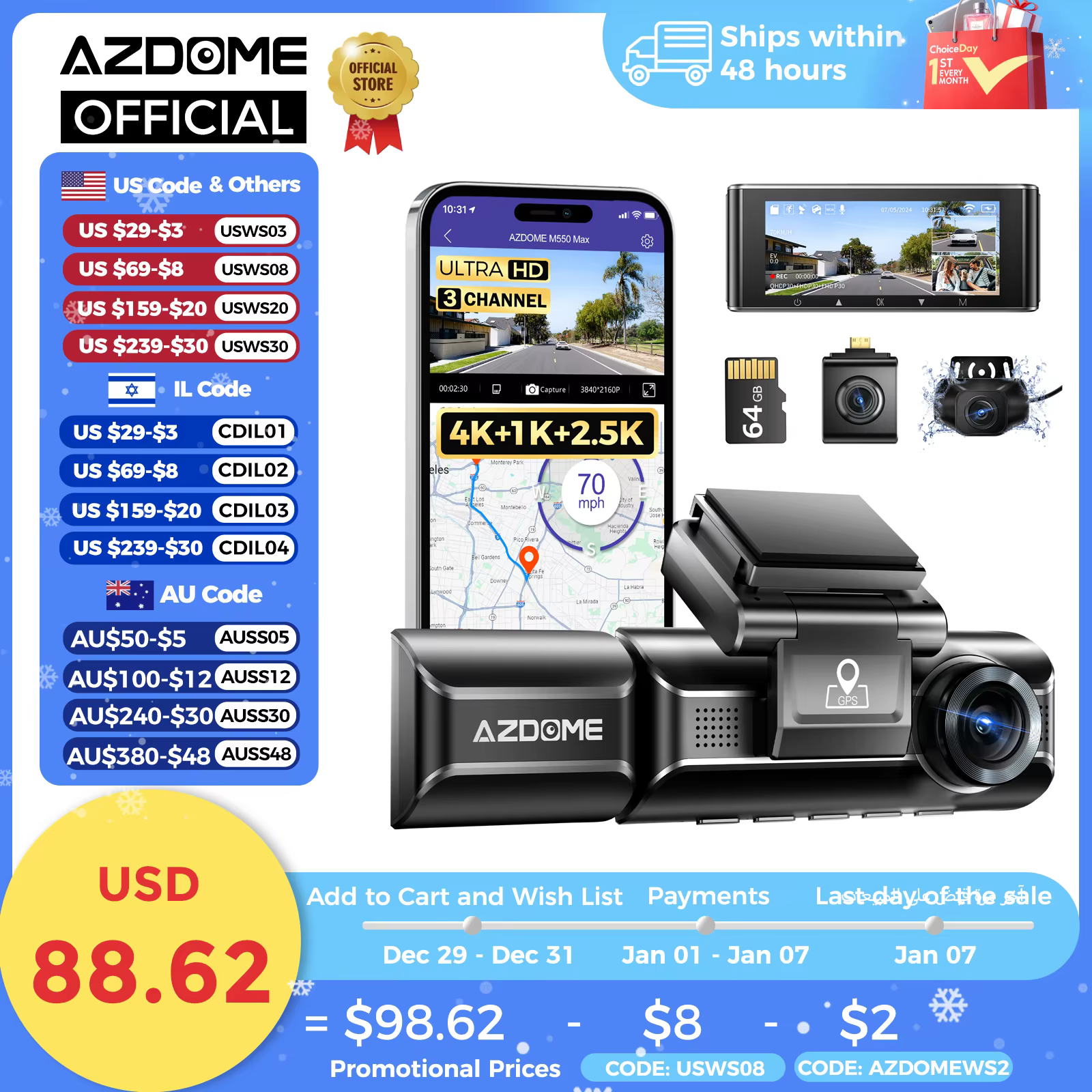 AZDOME M550 Max Dash Cam Ultra HD 4K+1K+2.5K 3.18”Screen Built-in GPS Wifi Car DVR 24H Parking Monitor Night Vision w/ Rear Cam