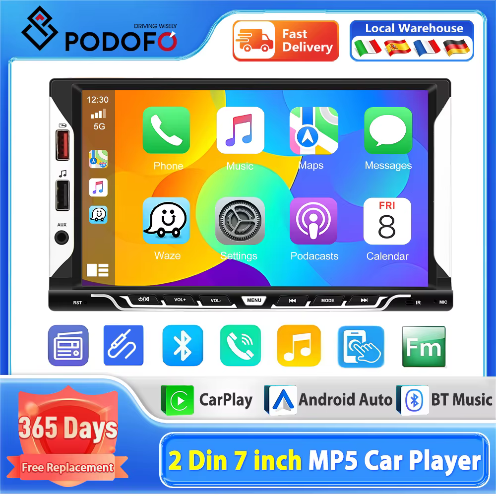 Podofo Car Stereo Radio 7'' Universal Car Multimedia Player with FM Radio Support TF/USB Mirror Link Wireless Carplay/Auto