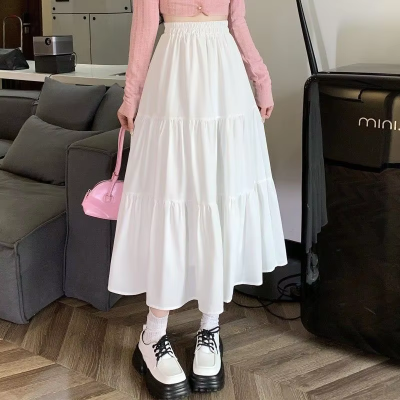 Xpqbb White Long Skirt Women College Style High Waist Elastic Patchwork A-line Skirts Woman Wild Student Mid Length Cake Skirts