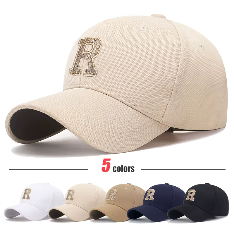 Brand New R Letter Gold Thread Embroidery Elastic Pineapple Cloth Material Thick and Durable High Quality Baseball Cap