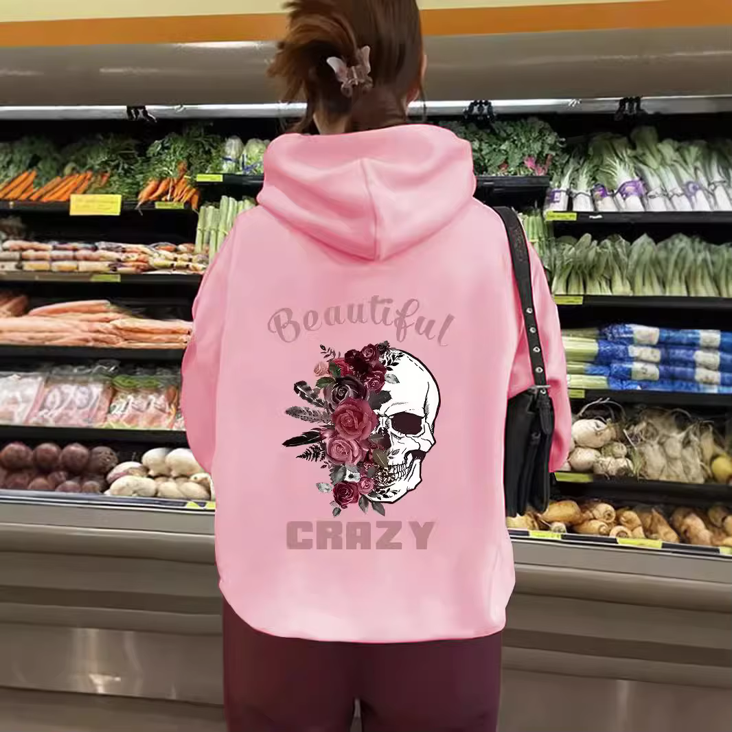 Women's Crazy Skull and Flower Printed Hoodie Street Sweatshirt Wool Warm Hoodie Round Neck Loose Hoodie Long Sleeve