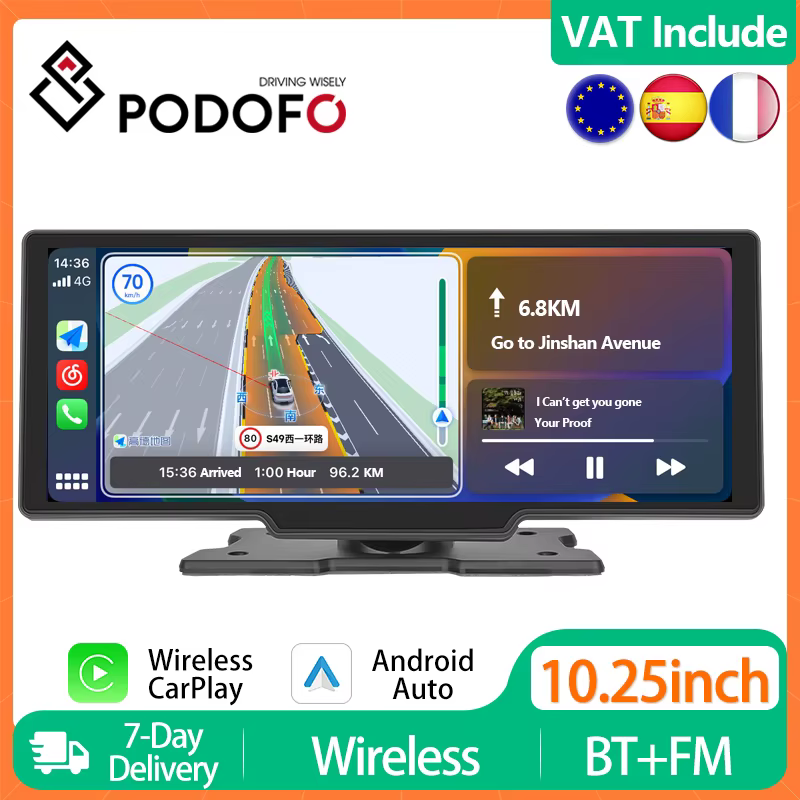 Podofo 10.26" Wireless CarPlay Player Android Auto Car Radio IPS HD Multimedia Video Player Dashboard Monitor Navigation BT FM