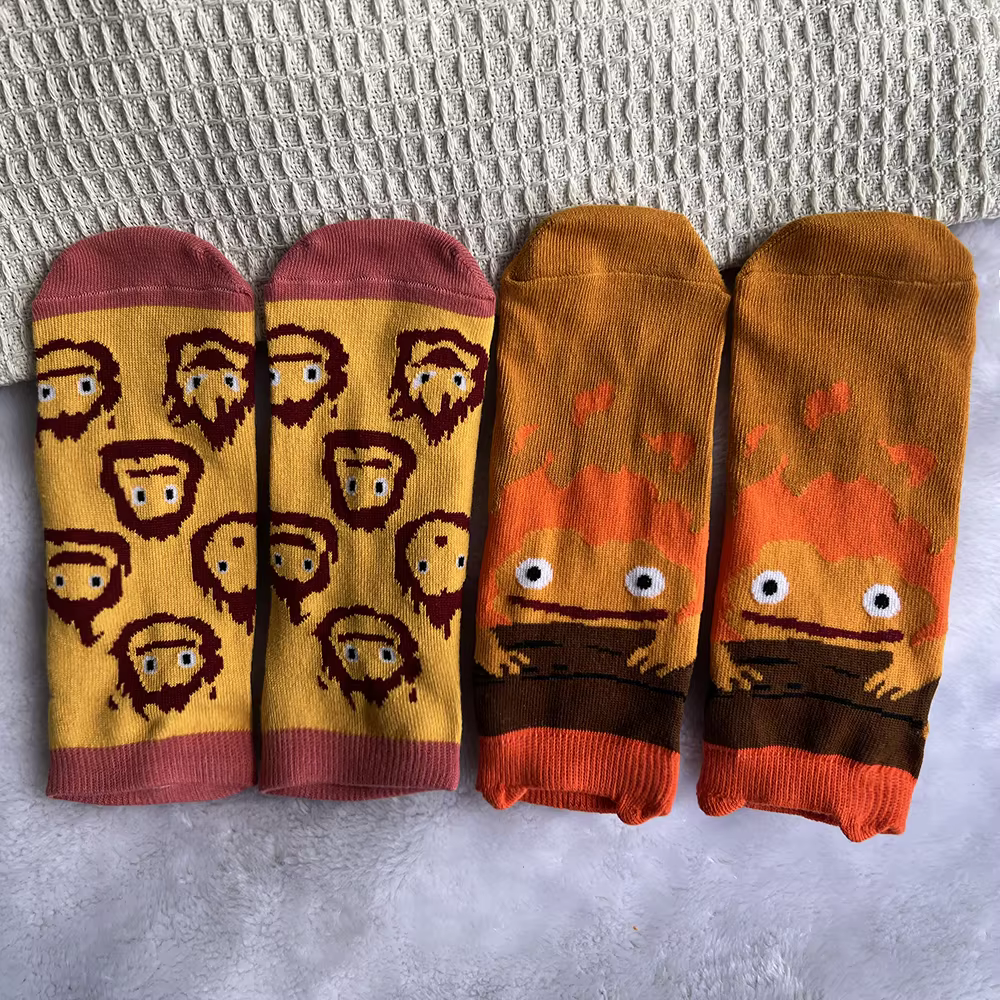 Cute Calcifer Socks Women Funny Novelty Casual Crew Socks Anime Howl Fire Demon Comics Dress Socks Eu35-40 Xmas New Year Gifts
