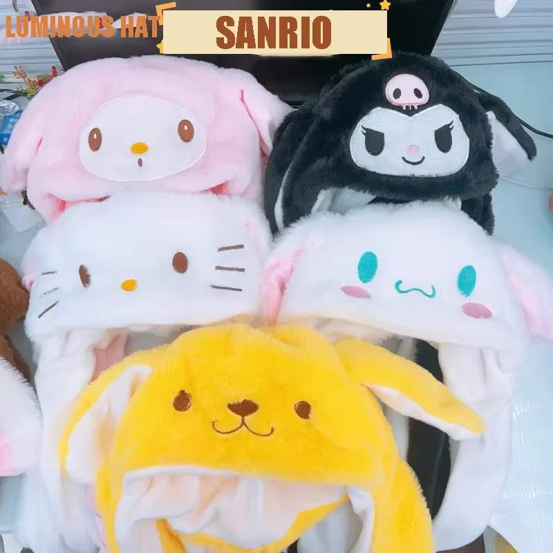 Sanrio Hello Kitty Led Light Cap Kuromi Cinnamoroll Glowing Plush Ear Move Hat Anime Cartoon Jumping Up Ear Novetly Cap Gifts