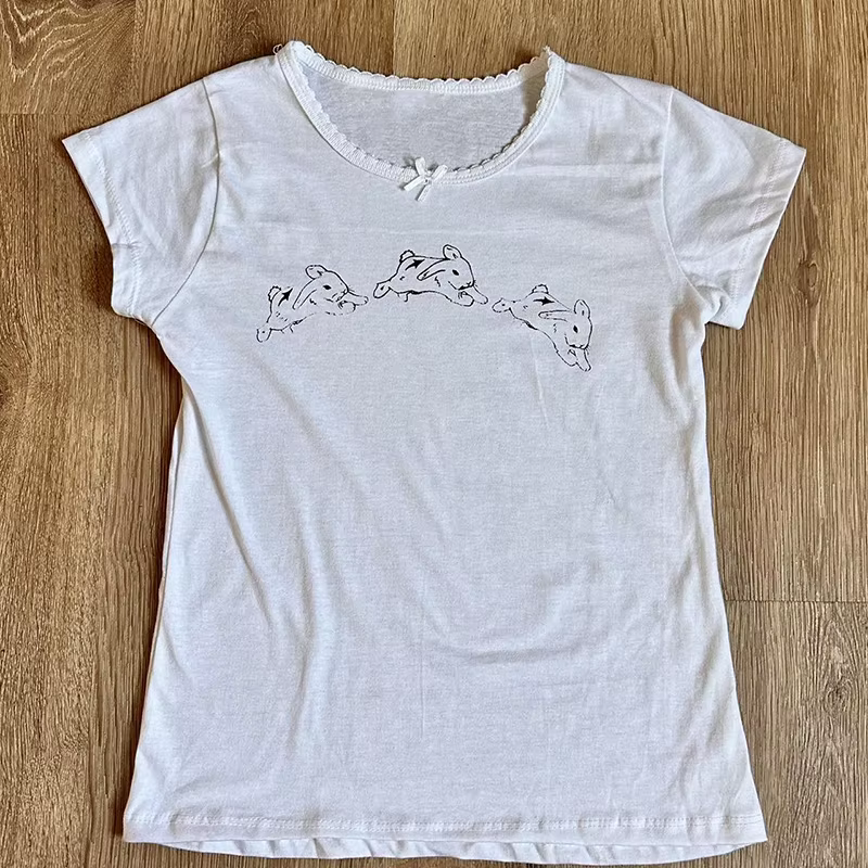 Y2k Clothes Women's T-Shirt E-girl Baby Tee Slim Gothic Rabbit Print Streetwear Vintage Harajuku Punk Grunge Crop Top Casual