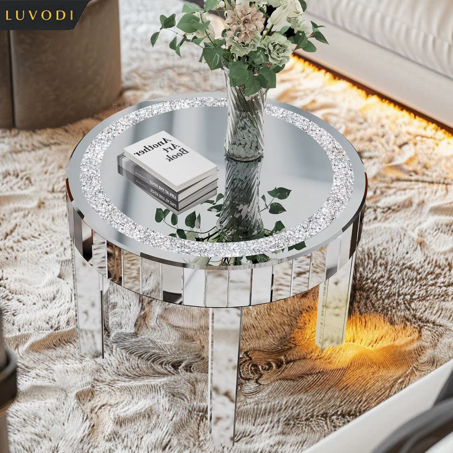 LUVODI Luxury Modern Round Mirrored Accent Side Table with Crystal Diamonds Inlay for Bedside Table