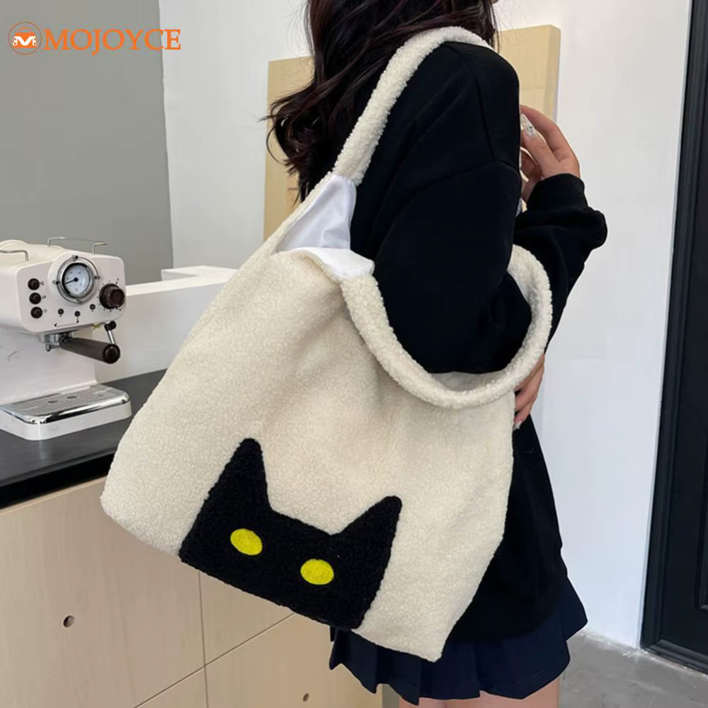 Women Lamb Wool Shoulder Bag Cute Cat Pattern Fluffy Tote Bag Large Capacity Soft Furry Handbag Autumn Winter Plush Commute Bags