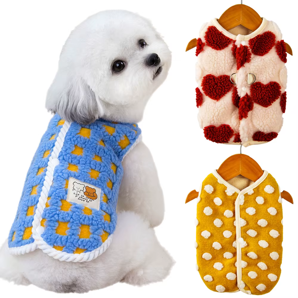 Warm Fleece Dog Jacket Vest Dot Plaid Back Buckle Pet Coat for Small Dogs Chihuahua Shih Tzu Puppy Autumn Winter Clothing