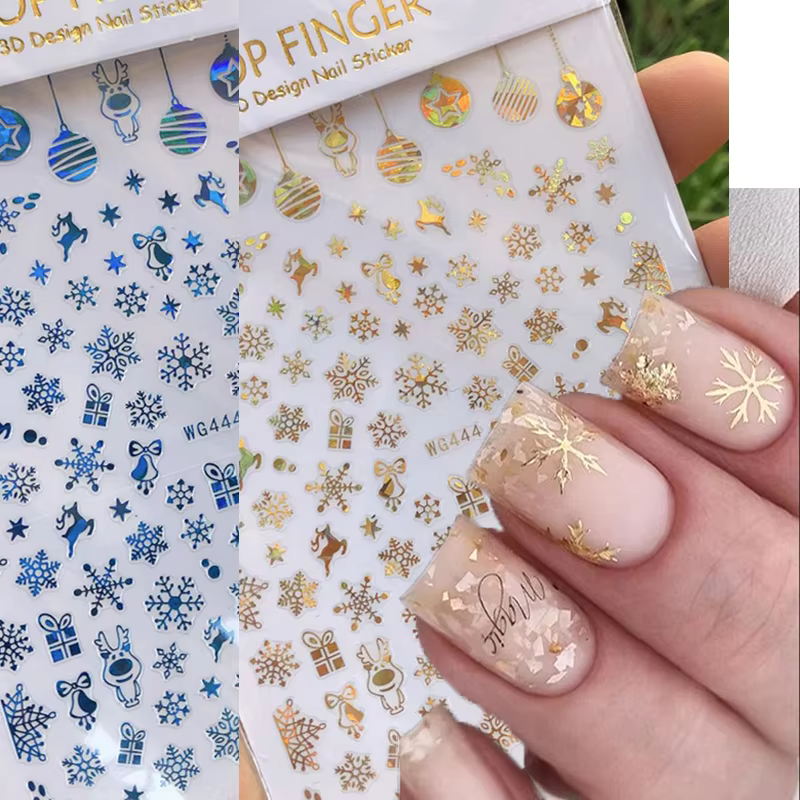 3d Nail Art Stickers Winter Xmas Laser Blue Gold Snowflakes Christmas Gifts Bells Decals For Nails Tips Decorations Manicures