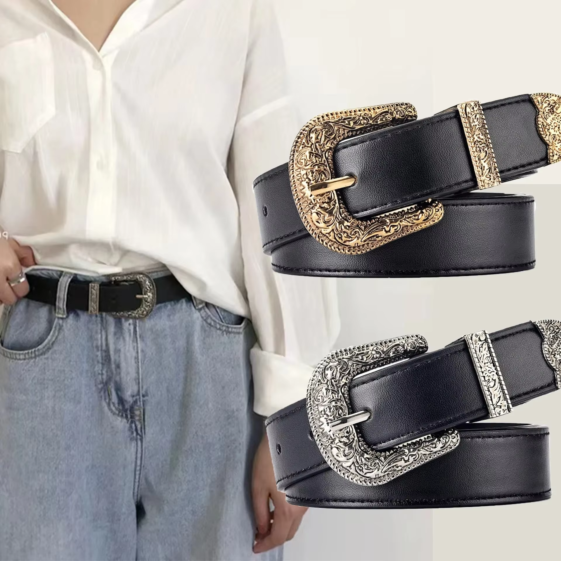 Vintage Sculpture Needle Buckle Belt for Women, Punk Hip Hop Rock Style Jean Belt, Y2K PU Leather Belt, cheap
