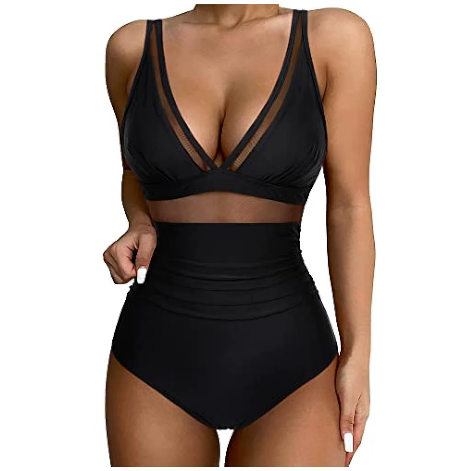 Mesh Patchwork One-Piece Swimwear Women's Sexy Deep V Suspenders Swimsuit 2024 New Beachwear Monokini Sexy Push Up Bathing Suit