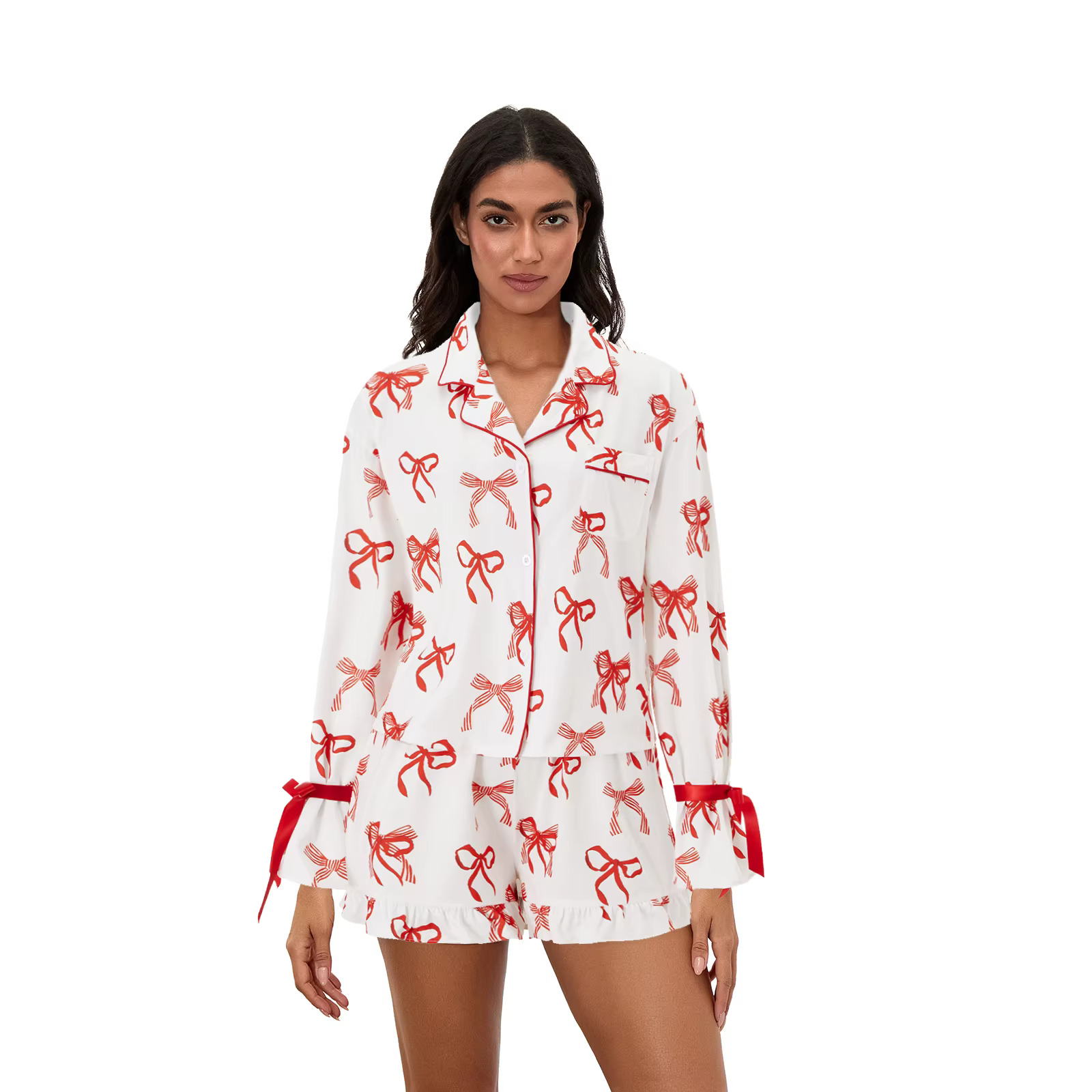 Women Pajama Shorts Set Bow/Cherry/Clover Tie Bow Long Sleeve Button-up Tops Elastic Waist Ruffle Shorts Sleepwear Outfit