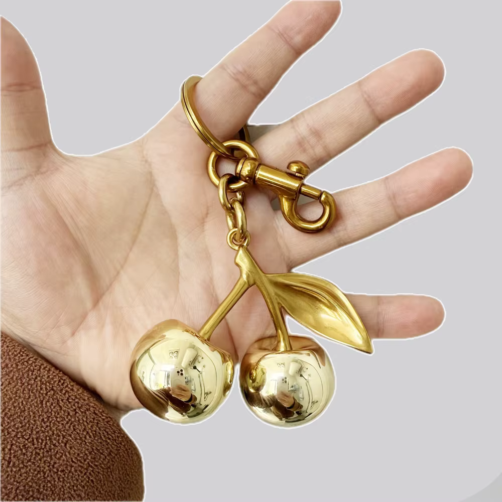 Fashion Glitter Gold Cherry Keychain Summer Fruits Cherries Pendant Keyring For Women Men Jewelry Bag Accessories Gift