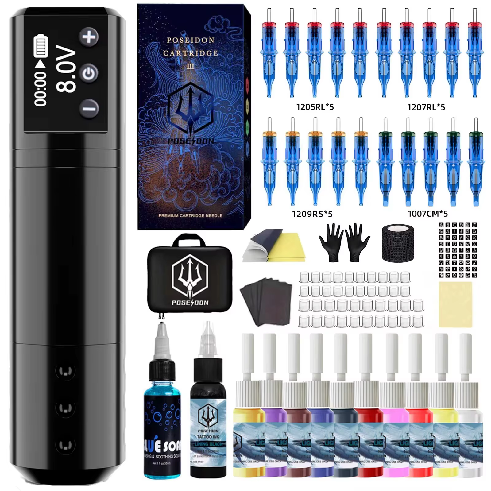 Tattoo Kit POSEIDON Black Cool Tattoo Pen Kit For Permanent Makeup Tattoo Machine Kit Wireless Tattoo Power Supply Tattoo Gun Ki