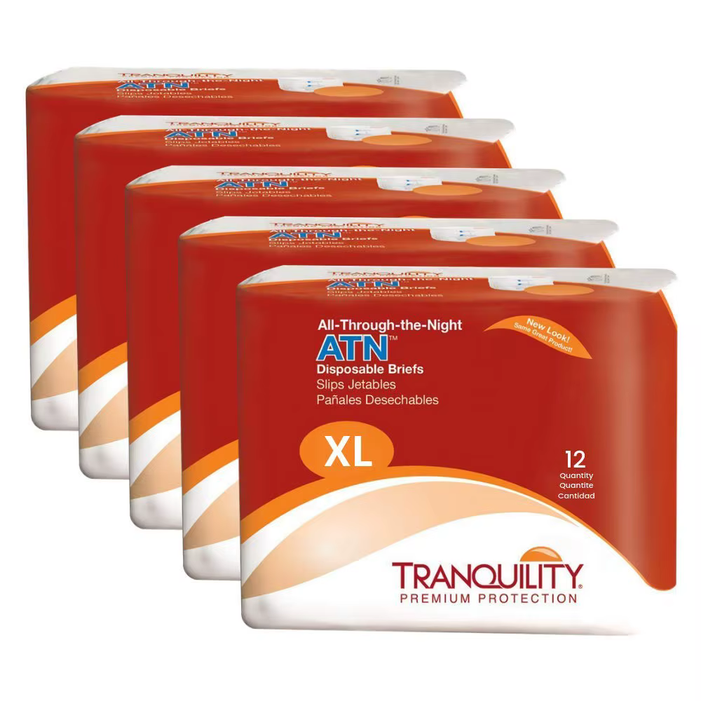 Tranquility ATN Adult Disposable Briefs, Refastenable Tabs with All-Through-The-Night Protection, XL (56"-64") - 12ct (Pack of 5