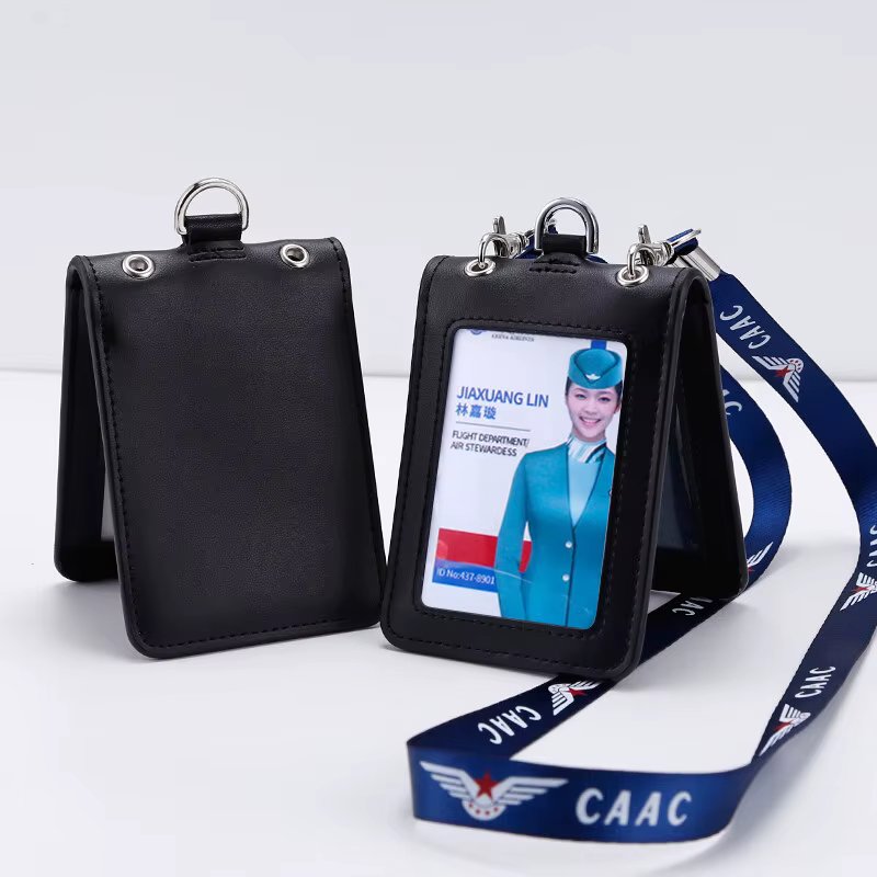 NEW Aviation Flight Attendant Neck Lanyard Badge Holder Genuine Leather Staff Work Business Air Hostess Name Tag Id Cards Badg
