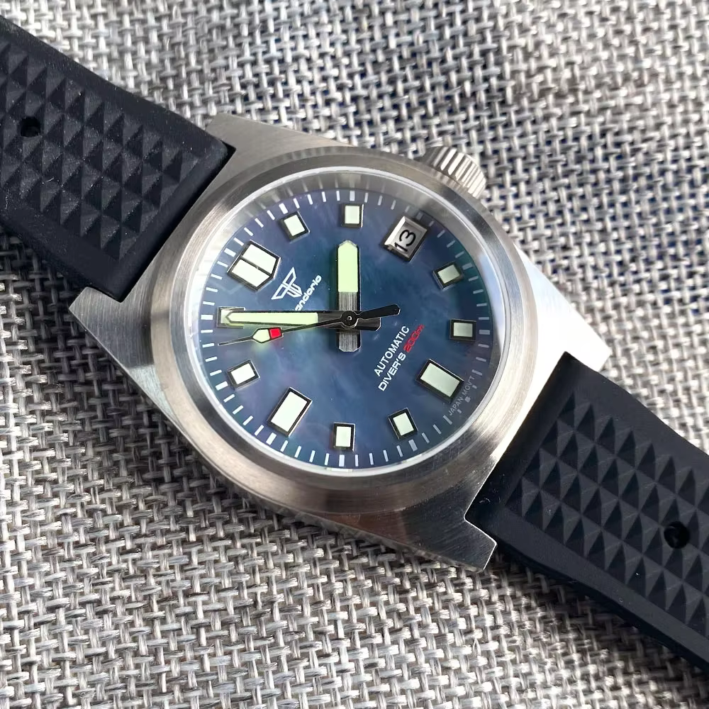 38mm Tandorio NH35A Mother of Pearl Shell Dial Sapphire Glass 200m Diver Brushed Square Automatic Men Watch Screw Crown Luminous