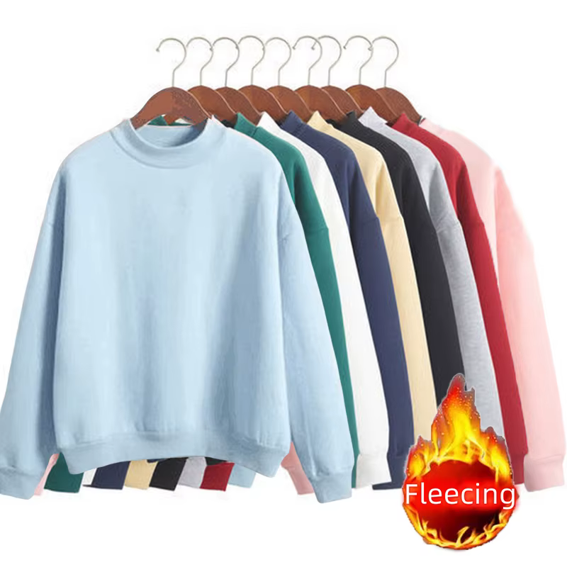 Fleecing Half High Neck Long Sleeve Solid Simple Pink Sweatshirts Basic Sporty Casual Top Youthful Woman Clothes Autumn Winter