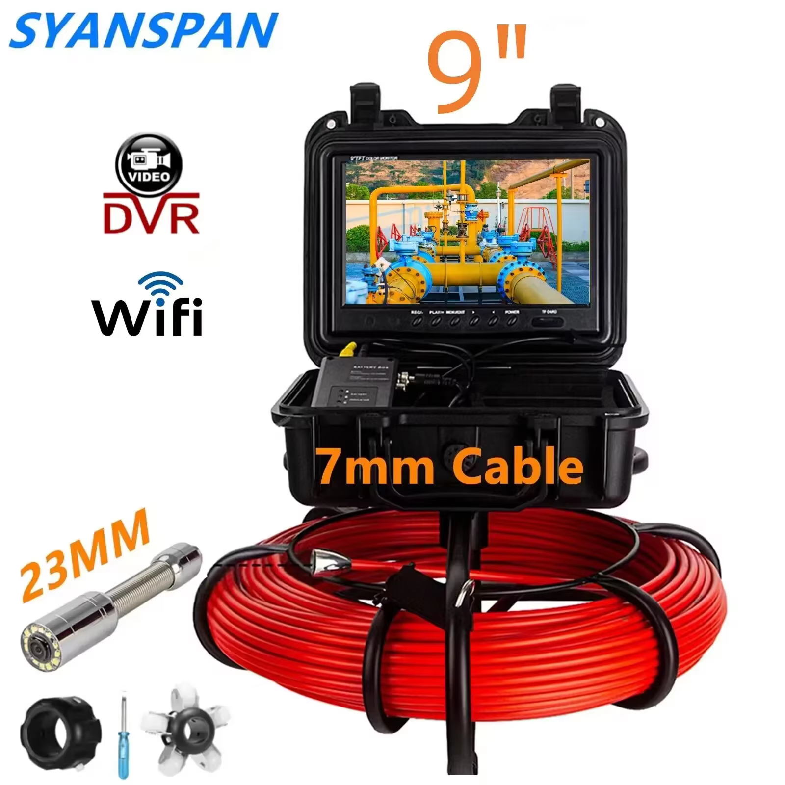 Sewer Pipe Camera 7mm 30M/50m/100M Cable, SYANSPAN Drain Pipeline Industrail Endoscope 9Inch Screen 8GB DVR Video Recording 23MM