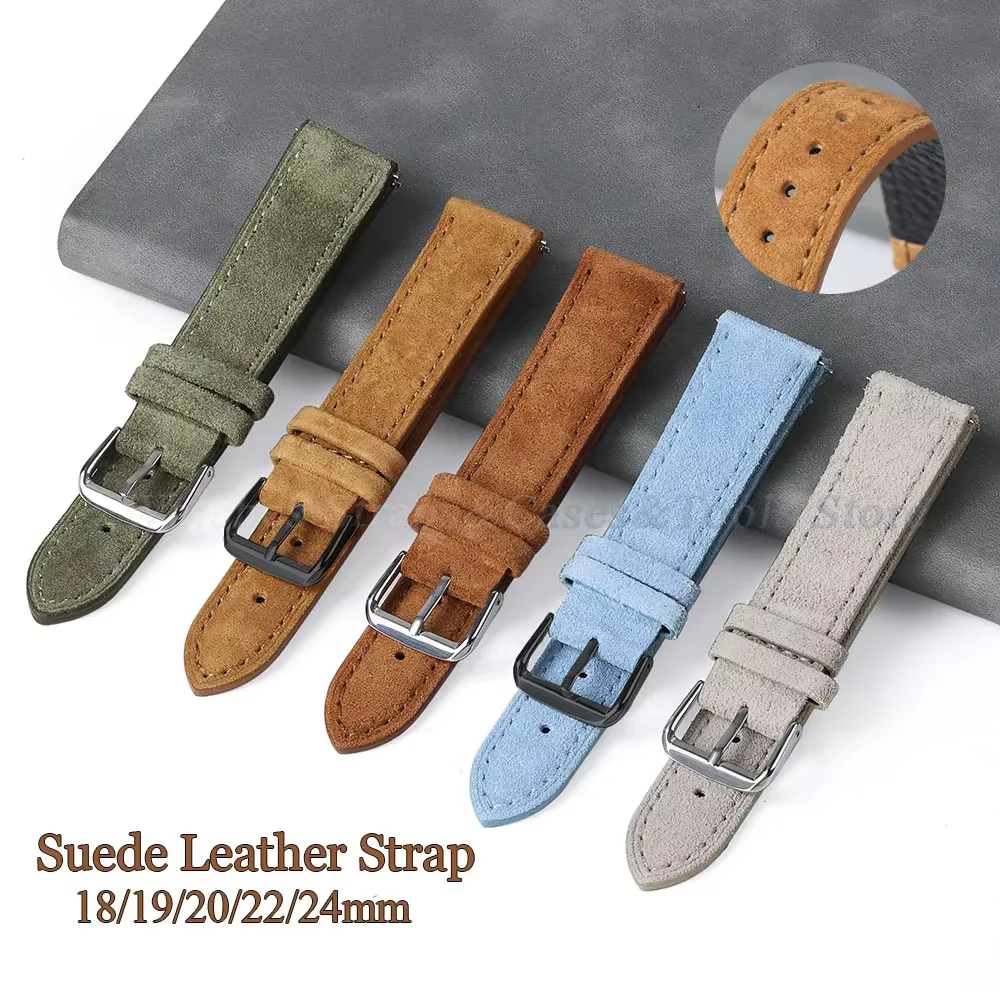 Suede Genuine Leather Watchband 18mm 19mm 20mm 22mm 24mm for Seiko for Huawei Watch Gt2/3/4 Vintage Handmade Stitching Bracelet