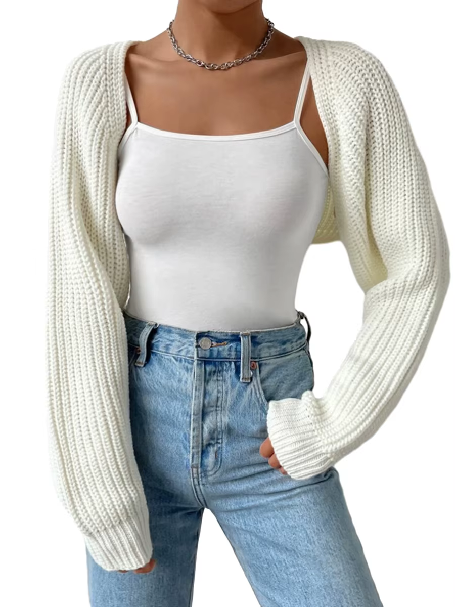 Women s Open Front Cropped Cardigan Long Sleeve Solid Color Ribbed Knit Shrug Sweater Bolero Tops