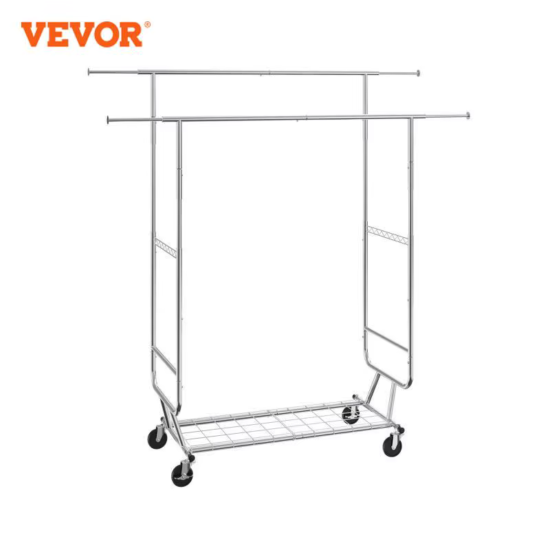 VEVOR Clothing Garment Rack Heavy Duty Clothes Rack Adjustable Length Clothes Rack w/ Bottom Shelf & Wheels for Laundry Room