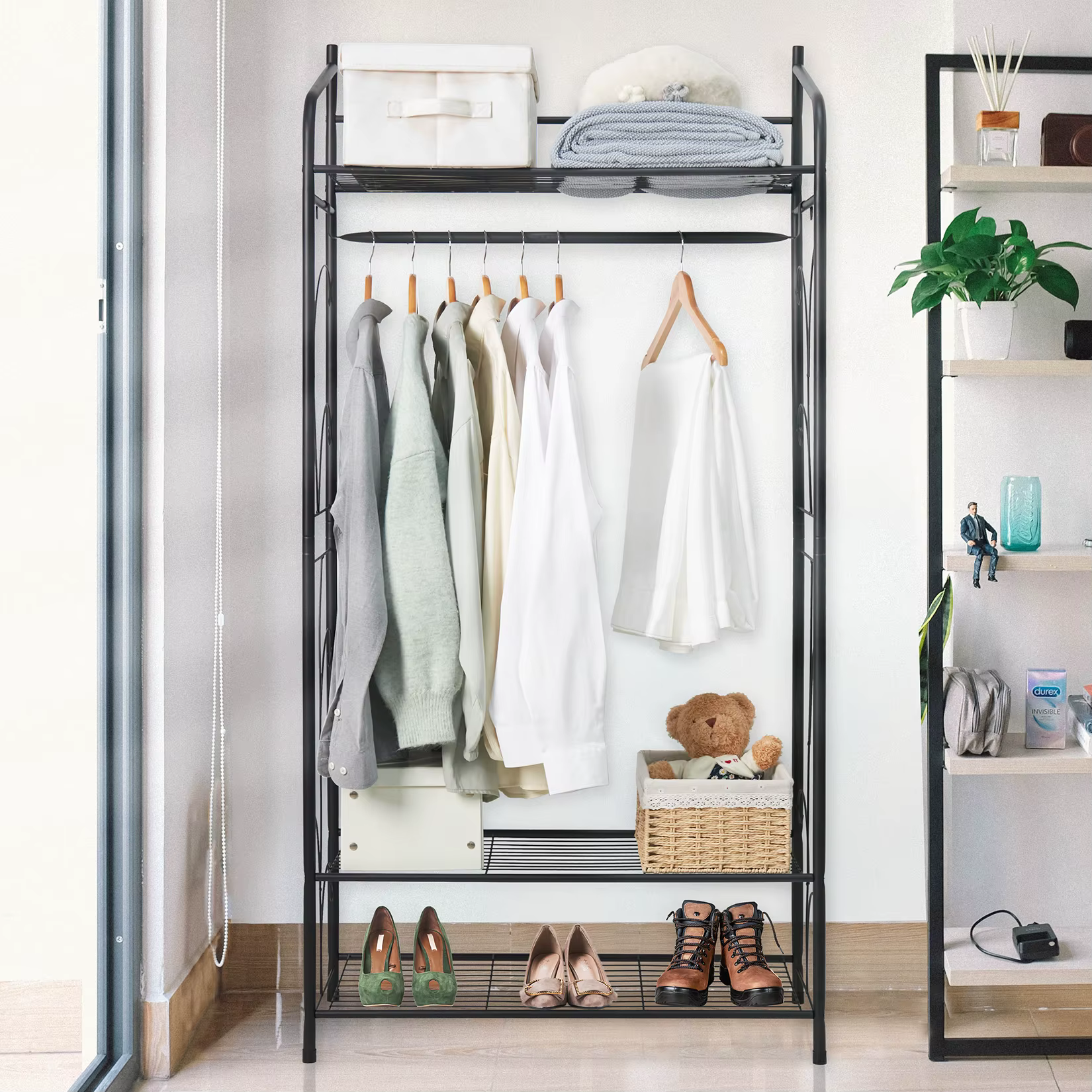 Heavy Duty Metal Garment Shoe Rack Stand Clothes Hanging Rail with Shelves