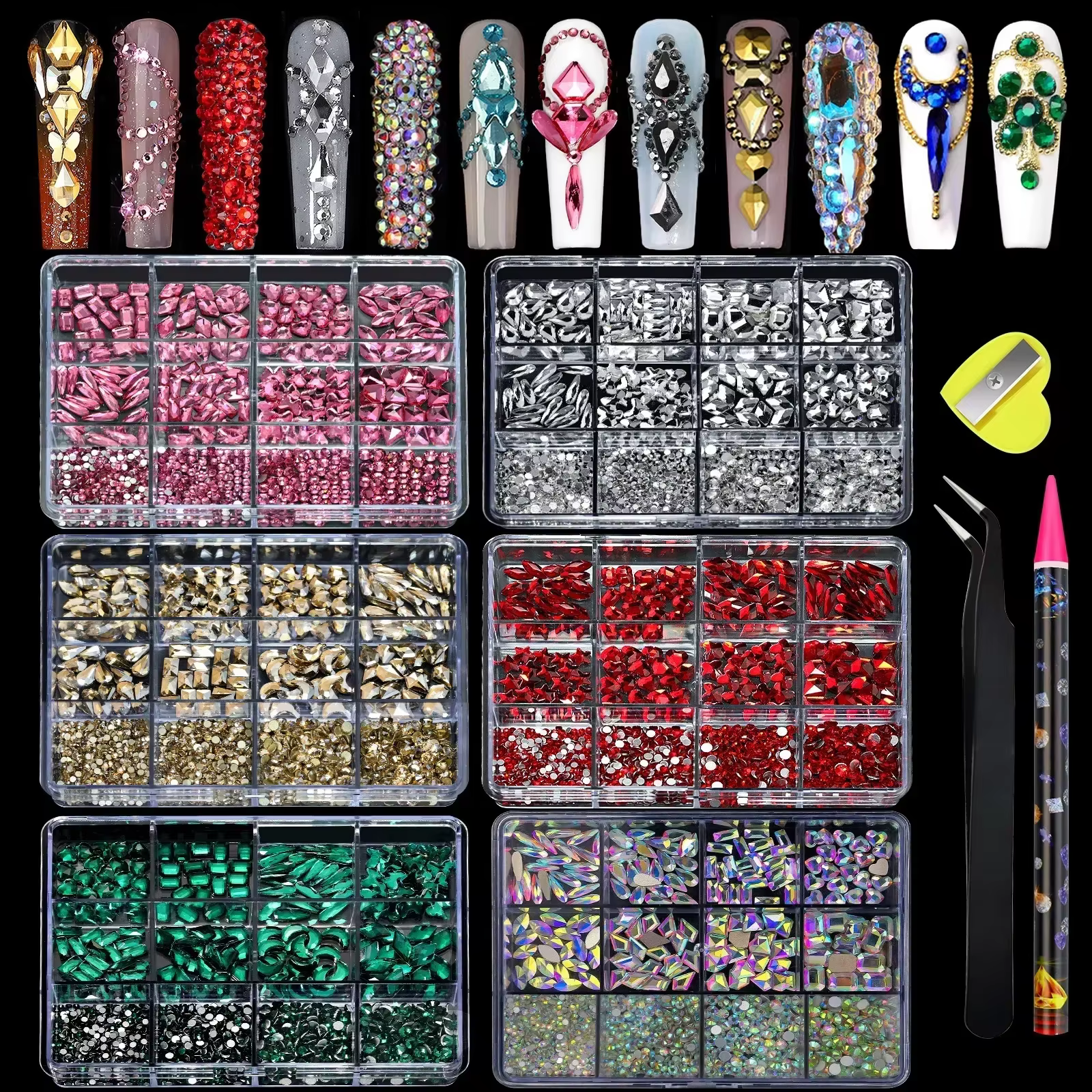 12Grids Flat Bottom Rhinstones For Nails Mixed Shaped Glass Crystal Nail Art Luxe Charms Kit DIY Nail Decoration Accessories