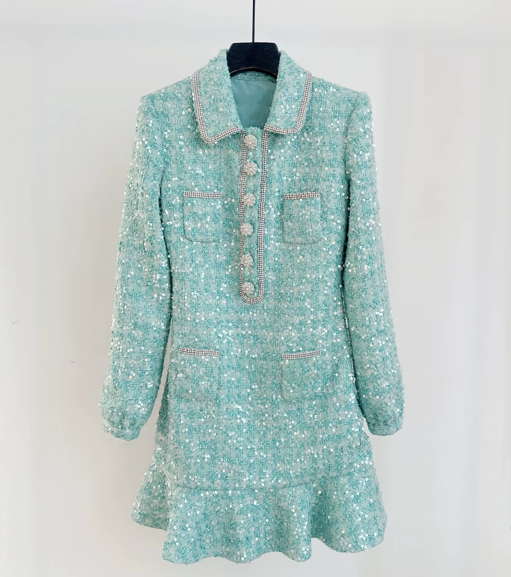 Quality Luxury Mixed Green Woven Coarse Tweed Sequin Diamond Short Dress Women Autumn Long Sleeve Fishtail Prom Eveing Dresses