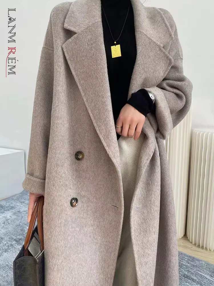 LANMREM Korean Style Long Wool Coat Women Notched Collar Double Breasted Solid Color Clothing Fashion 2024 Winter New 2AA3571