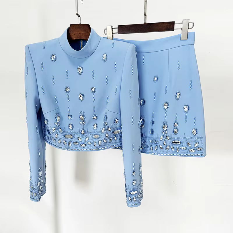 High Quality Autumn Winter Beaded Two Piece Women Sets Office Lady Formal Occasions Diamonds Jacket Coat Mini Short Skirts Suits
